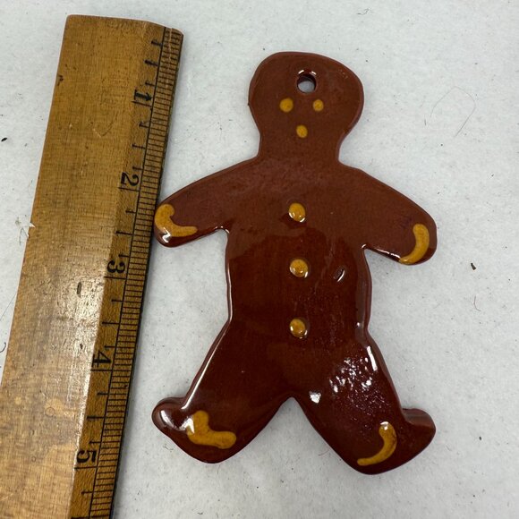 Ned Foltz Pottery Redware Gingerbread Man Ornament Brown Yellow Glaze Christmas - Picture 4 of 5